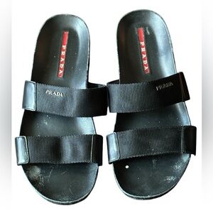 PRADA Double Strap Slides in Black Nylon | 11.5